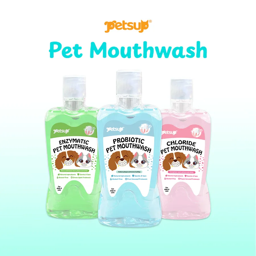 Petsup probiotic pet mouthwash 380ml bottle for dogs and cats, front view