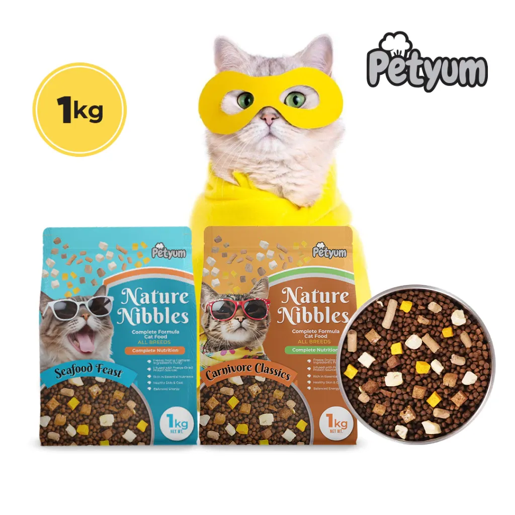 PetYum Nature Nibbles Cat Dry Food with Freeze Dried Carnivore and Seafood Flavor 1kg Collection