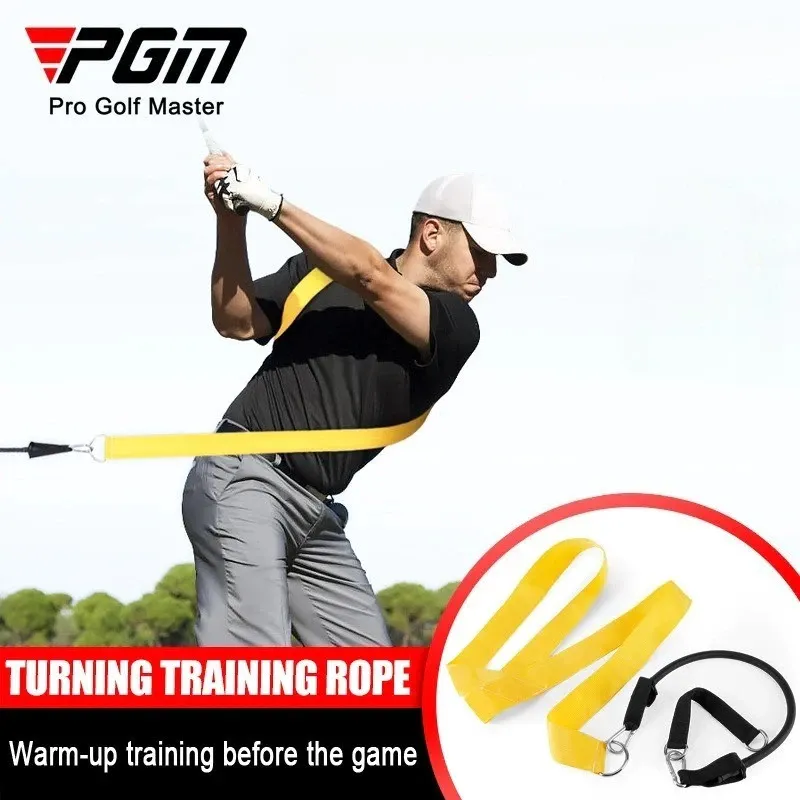 PGM HL014 yellow golf swing training resistance band with a black handle, used in a swing drill