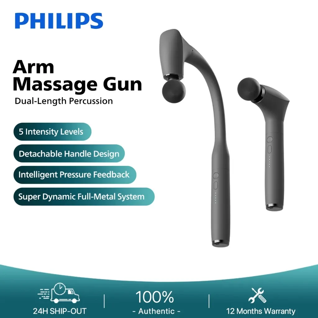 Philips massage gun with detachable long handle arm attached for back and neck reach