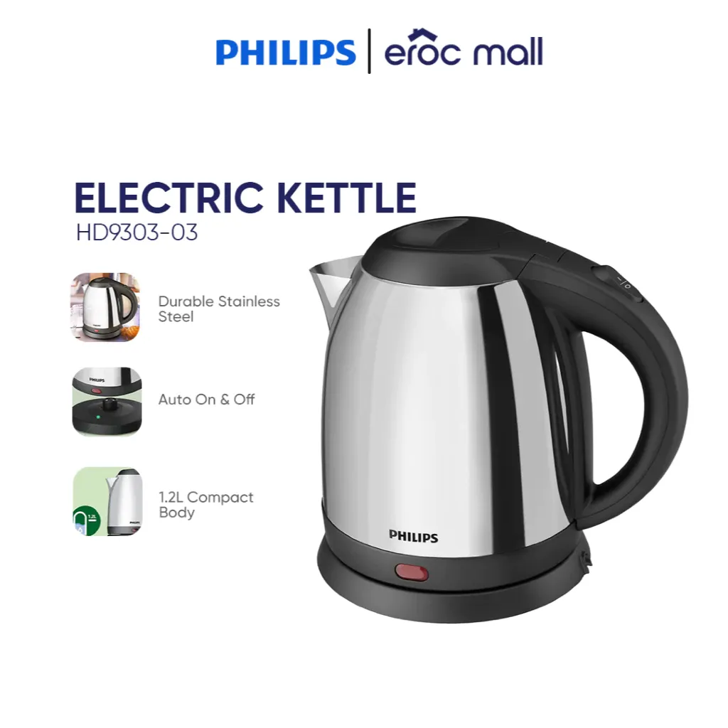 Philips HD9303 1.2L white electric kettle with stainless steel interior, front view