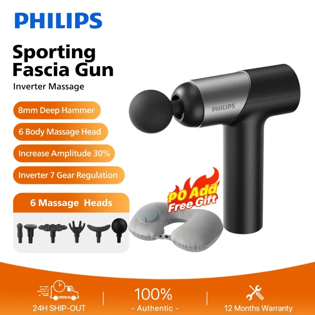 Philips electronic massage gun with six interchangeable massage heads laid out beside it