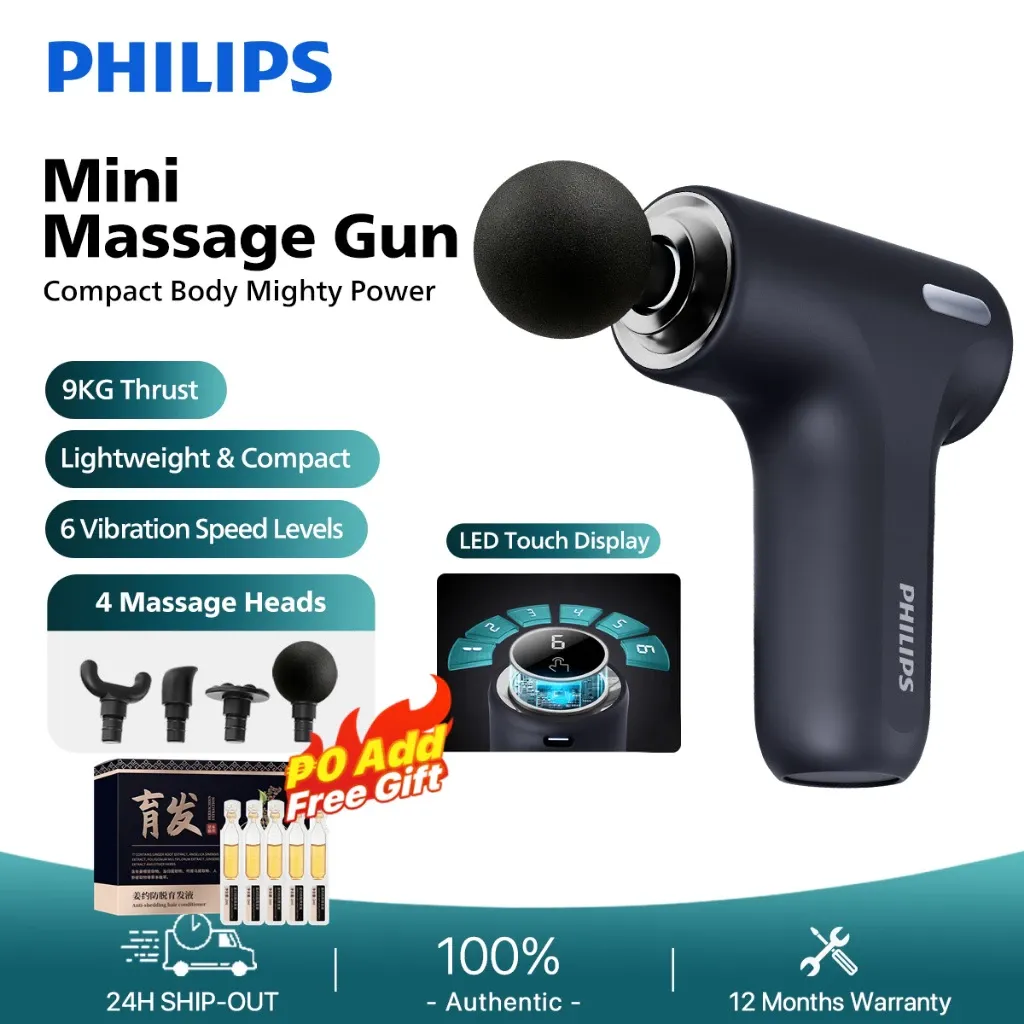 Philips mini massage gun with smart touch screen control panel and four massage heads