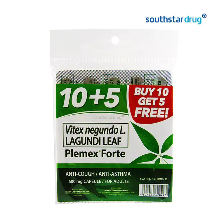 Plemex Forte lagundi 600mg capsules pack, front view