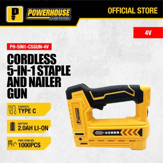 Powerhouse PH-5IN1-CSGUN-4V cordless 5-in-1 staple and nailer gun in yellow and black with a USB Type-C port
