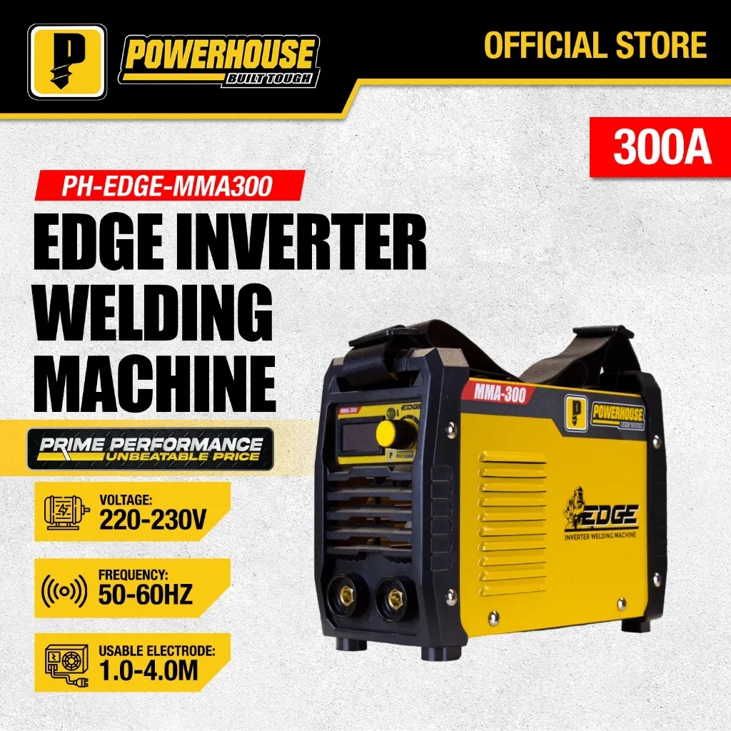 Powerhouse EDGE MMA 300A inverter welding machine with carry strap, front view
