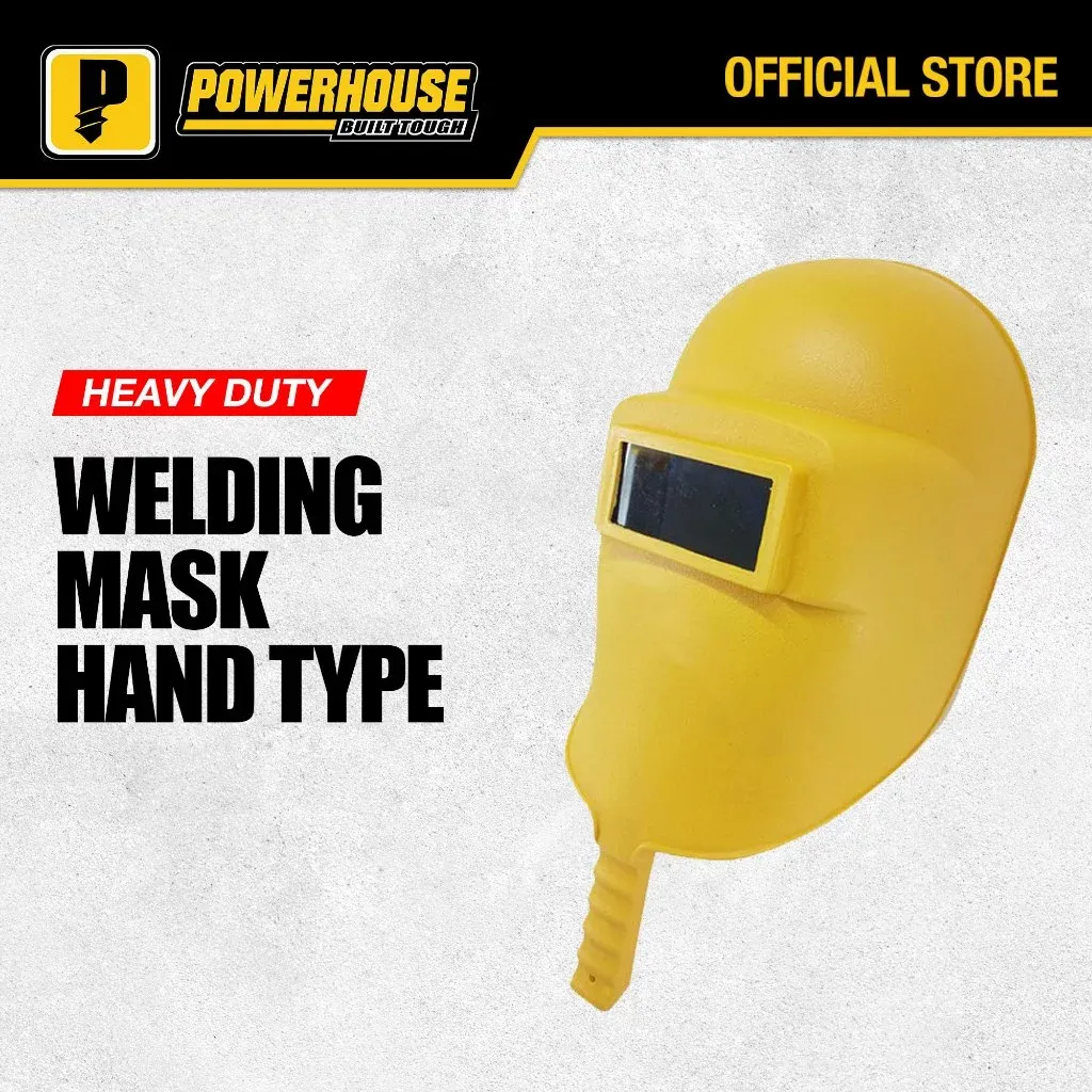 Powerhouse heavy duty hand held welding mask with black shield and handle, front view