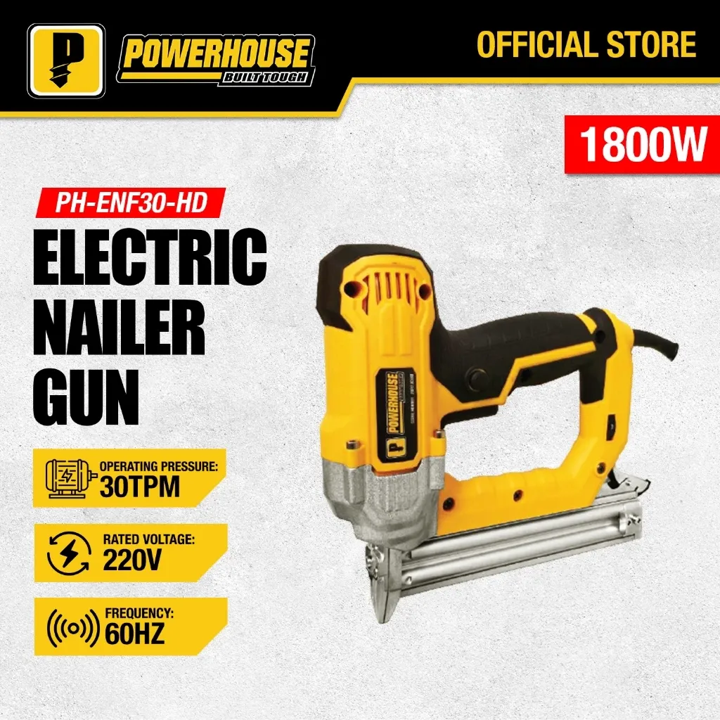 Powerhouse PH-ENF30-HD 1800W electric nailer gun in yellow and black with an aluminium magazine