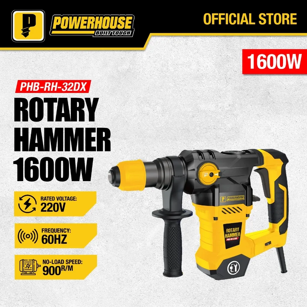 Powerhouse PHB-RH-32D red and black SDS Plus rotary hammer with carrying case and chisels