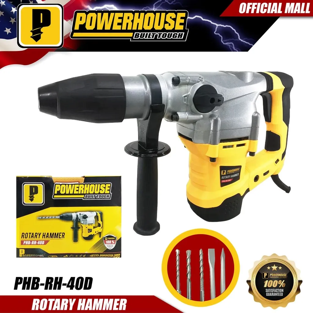 Powerhouse PHB-RH-40D red and black 1800W SDS Max rotary hammer with carrying case, bits and chisels