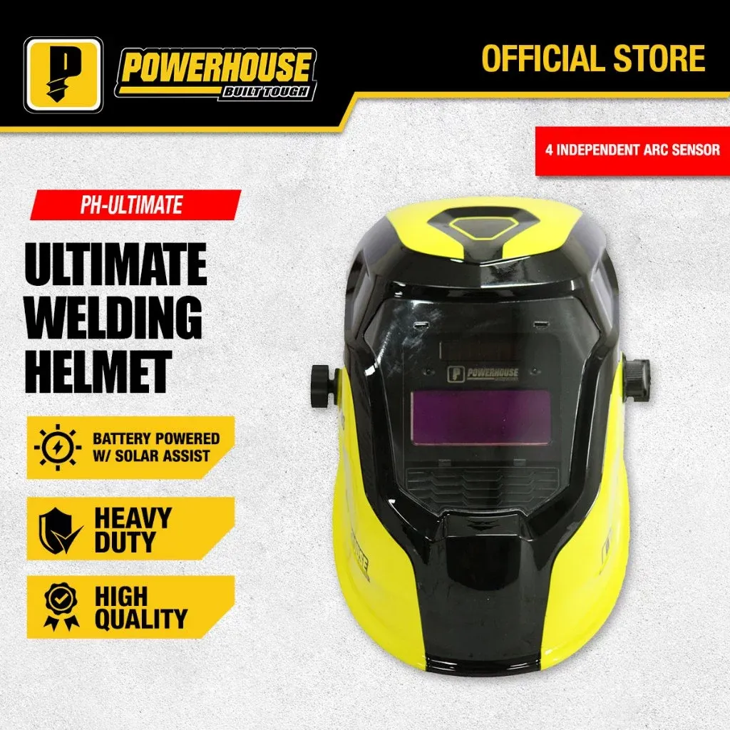Powerhouse Ultimate Series auto-darkening welding helmet with flame graphic shell, front view