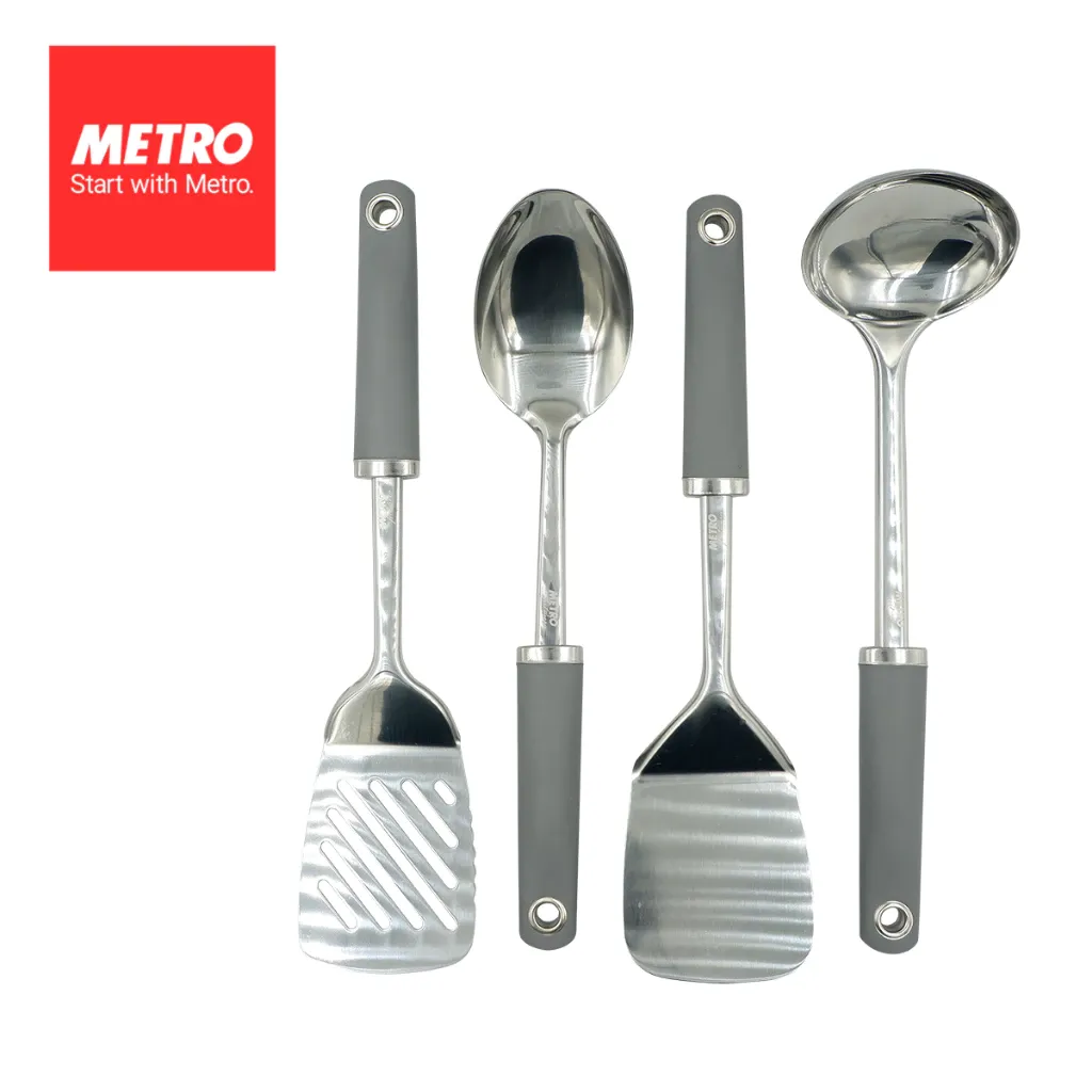 Primera by Metro MPKT 7616 four-piece stainless steel kitchen tool set with grey TPR handles, laid flat
