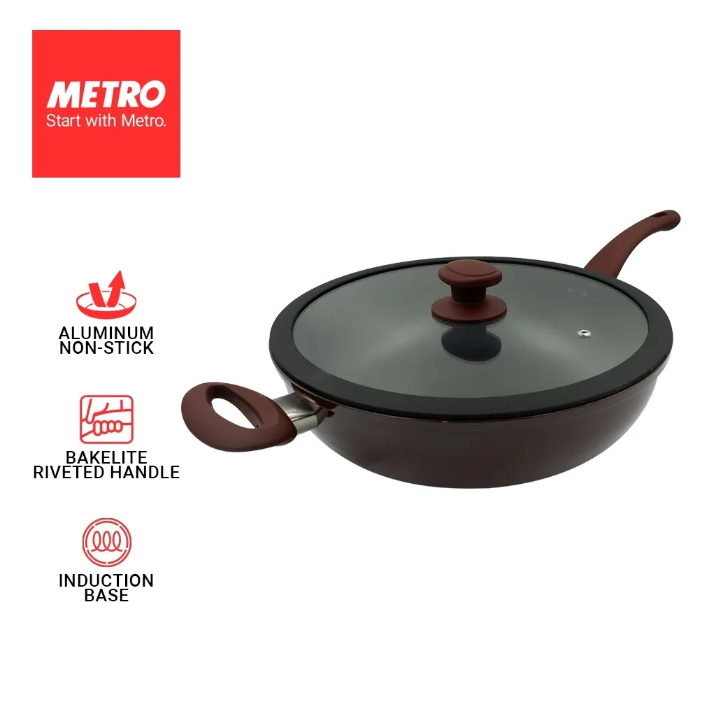 Primera by Metro 30cm aluminum non-stick wok with glass lid, front view