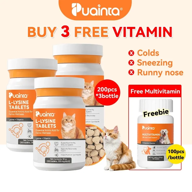 PUAINTA Lysine Tablet for Cat: Cold, Cough & Immune Boost, Kitten Multivitamin Supplement 200pcs