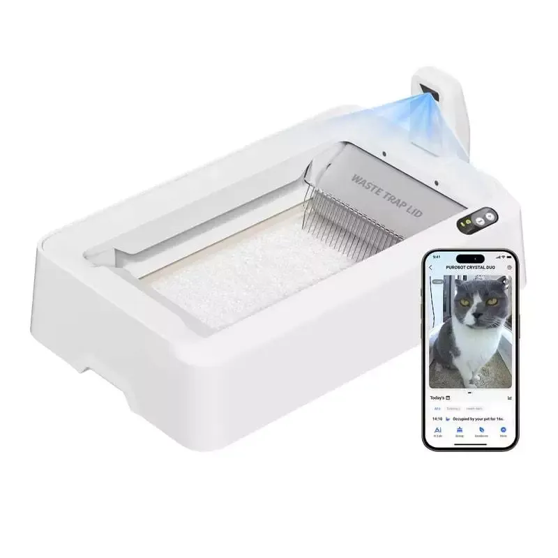 PETKIT Purobot Crystal Duo automatic cat litter box with open-top design and AI camera, front view