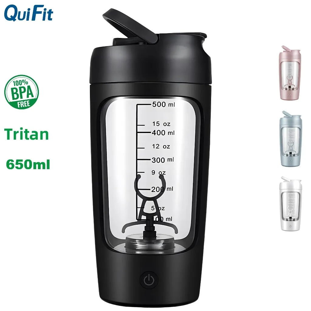 QuiFit 650ml electric protein shaker bottle, USB rechargeable, front view