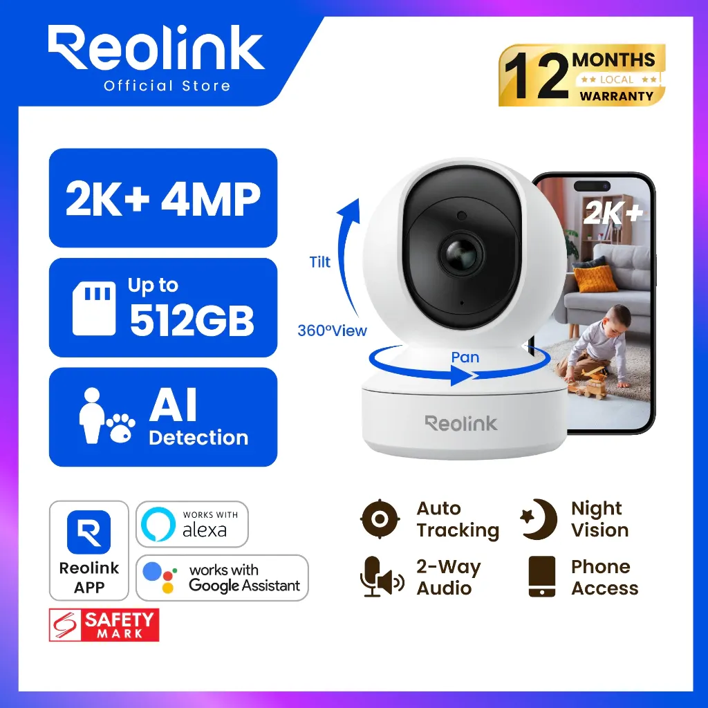 Reolink E1, a compact white 360-degree pan-and-tilt indoor camera, shown with pan and tilt arrows beside a phone preview