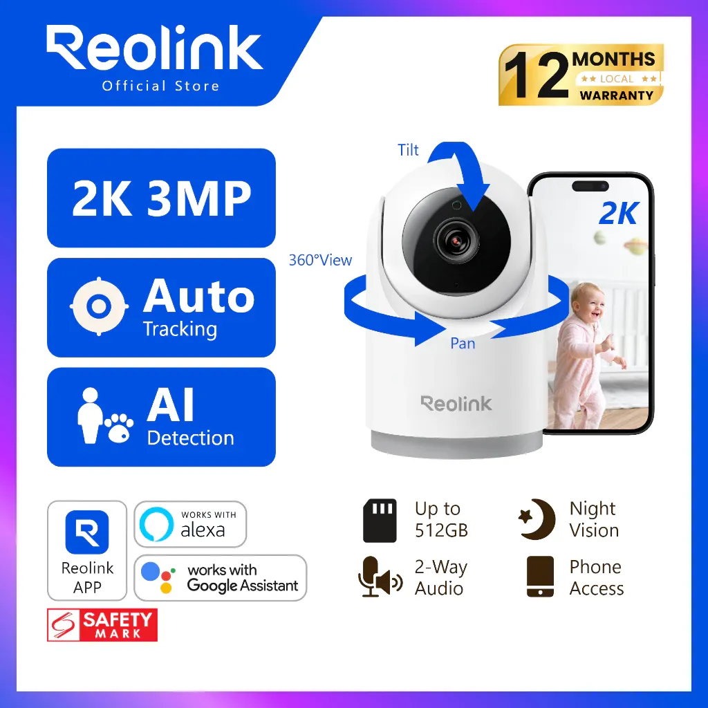 Reolink E321, a white 360-degree pan-and-tilt indoor camera, shown with pan and tilt arrows beside a phone preview