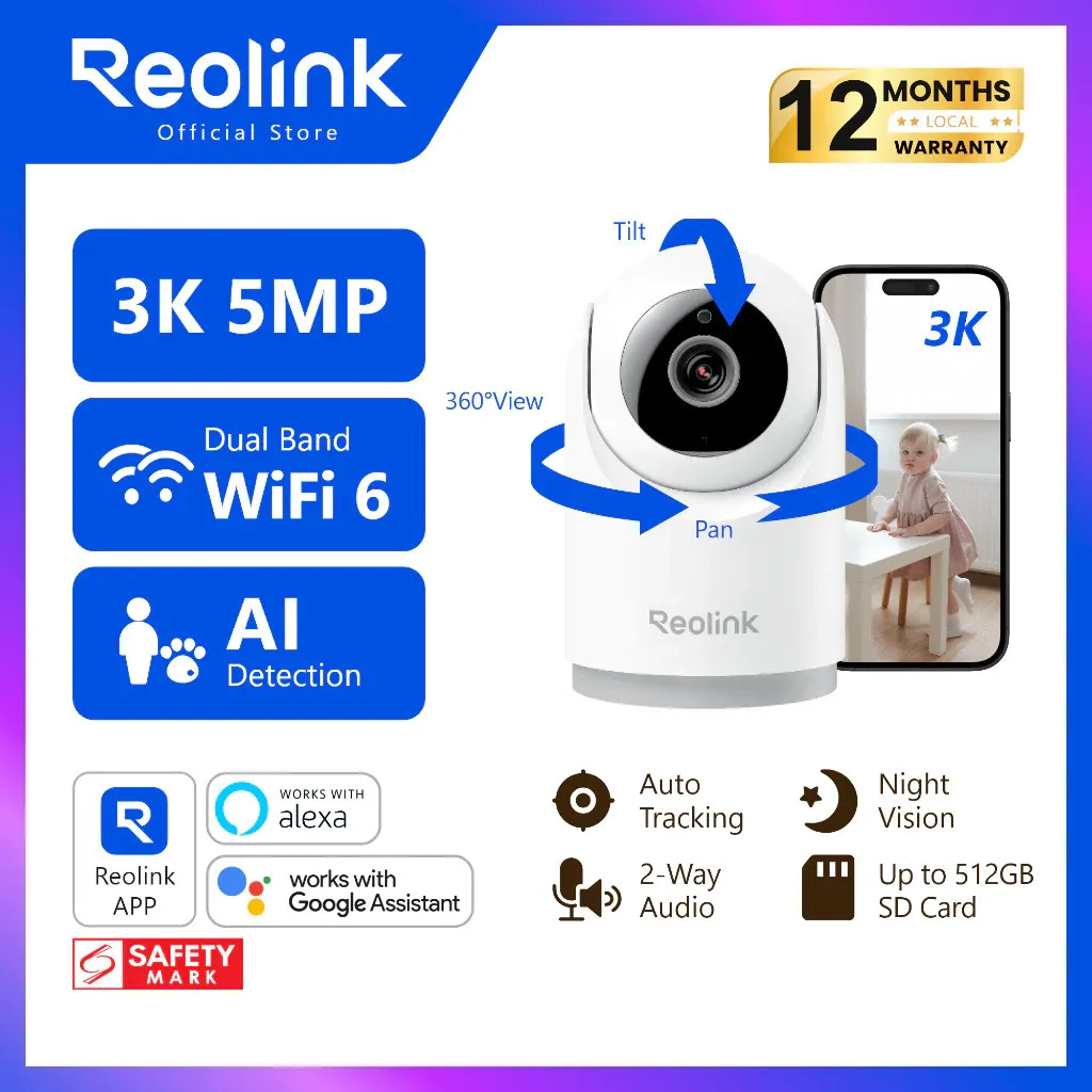 Reolink E331, a white 360-degree pan-and-tilt indoor camera, shown with pan and tilt arrows and a phone preview