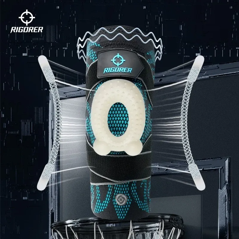 Rigorer sport knee pad with adjustable elastic strap around a compression sleeve, worn on leg