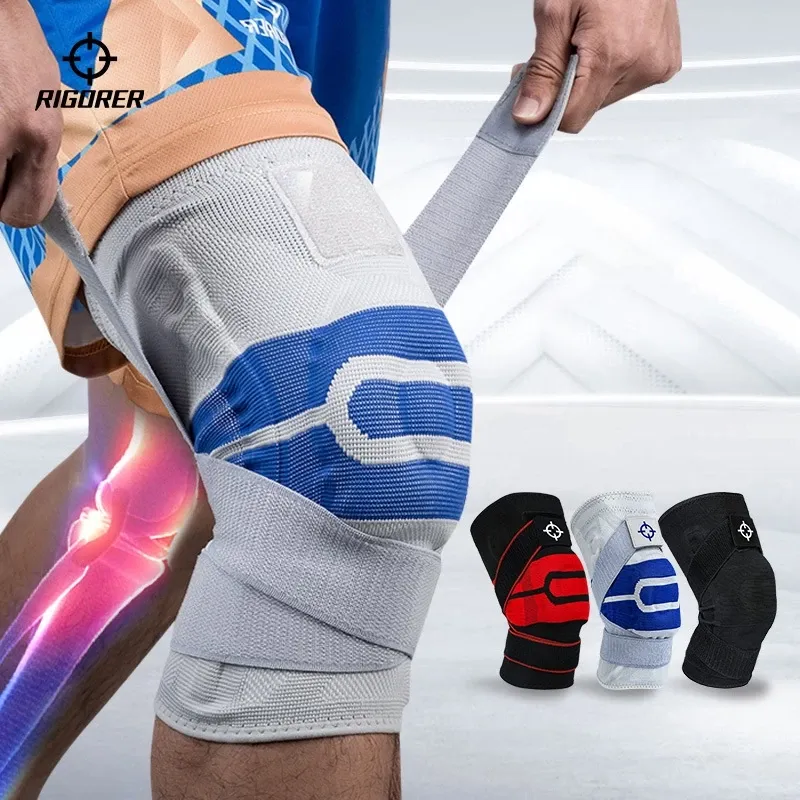 Rigorer high elastic black basketball knee pad sleeve with non-slip band, worn on leg