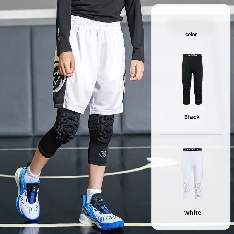 Rigorer kids black basketball compression leggings with built-in honeycomb knee padding
