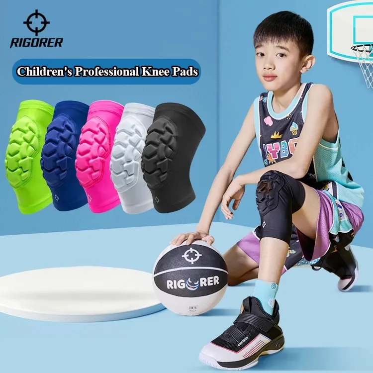 Rigorer kids knee pad sleeve for basketball and volleyball, sized for ages 5 to 12, worn on child's leg