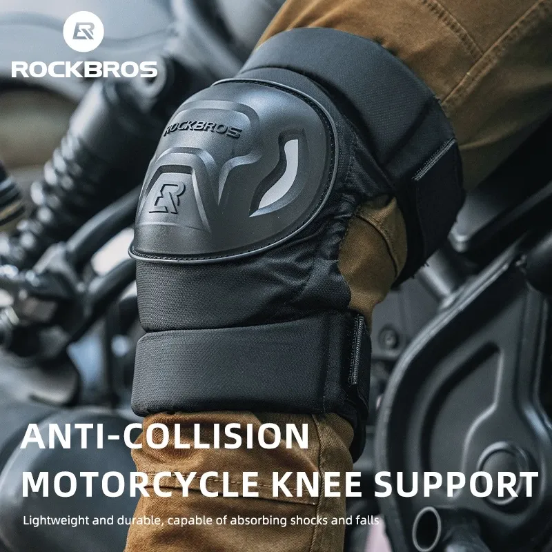 ROCKBROS black motorcycle knee pads with hard shell guards and reflective strips, pair