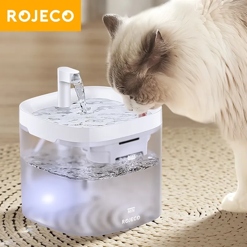 Rojeco 1.5L pet cat water fountain in white plastic with tiered spout, front view