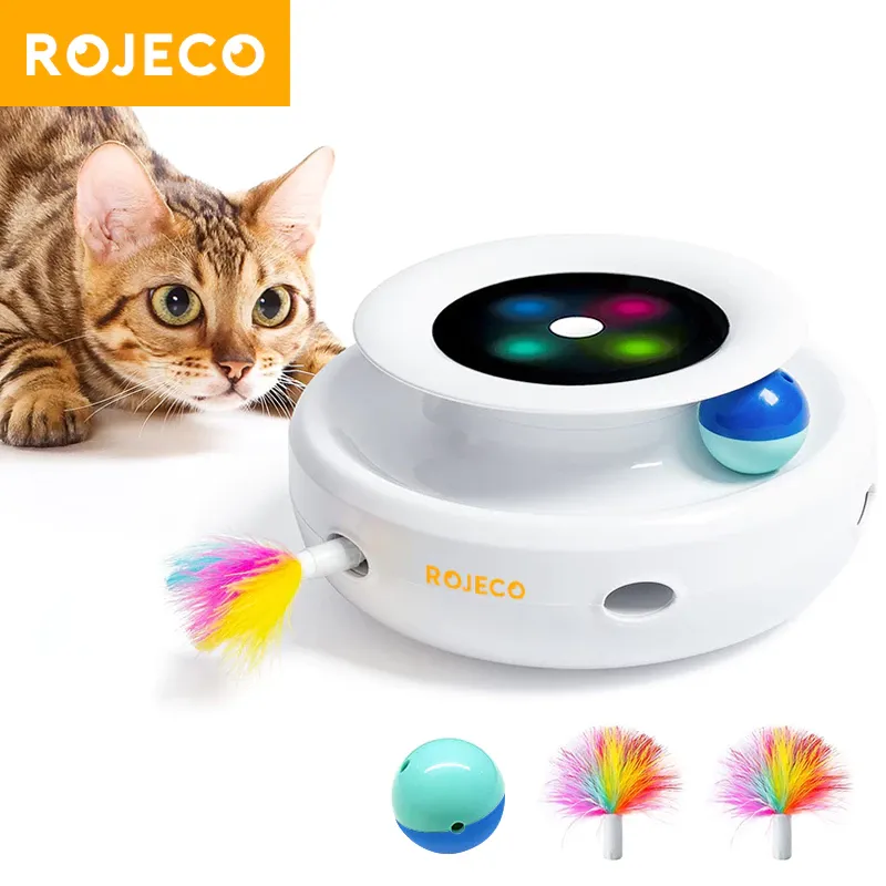 ROJECO 2-in-1 cat toy, a round base with an LED-lit track ball and a feather that darts out from the side