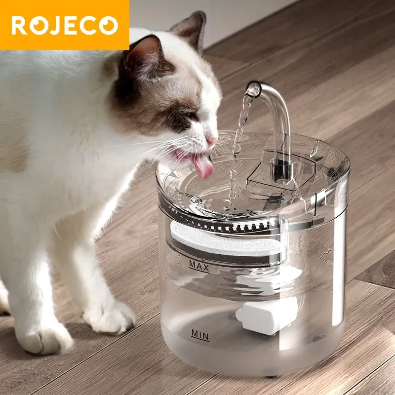 Rojeco 2L sensor pet water fountain with mute pump and automatic dispenser, front view