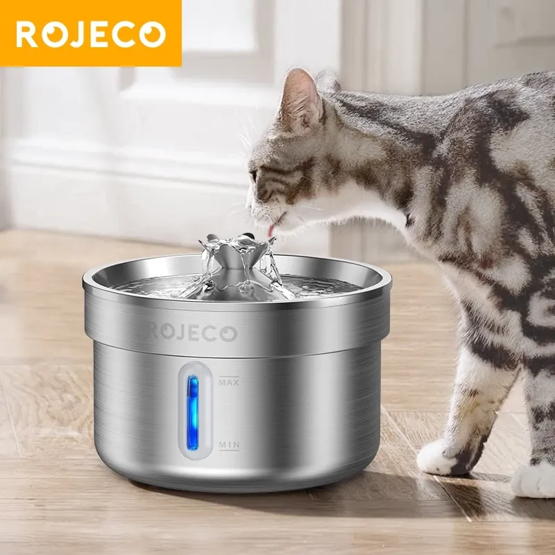 Rojeco 2L 304 stainless steel cat water fountain with circular drinking bowl, front view