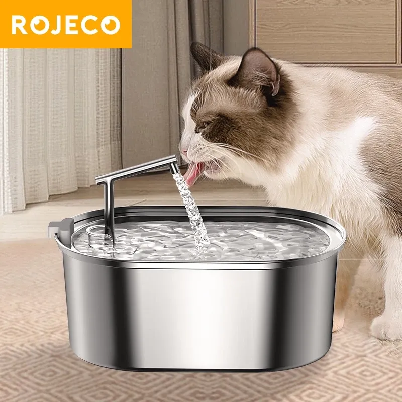 Rojeco 3.2L stainless steel cat water fountain with flowing spout, front view