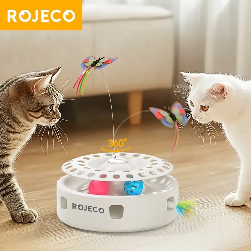 ROJECO 3-in-1 cat toy, a round track base with two balls, a spinning butterfly on a spring, and a side feather