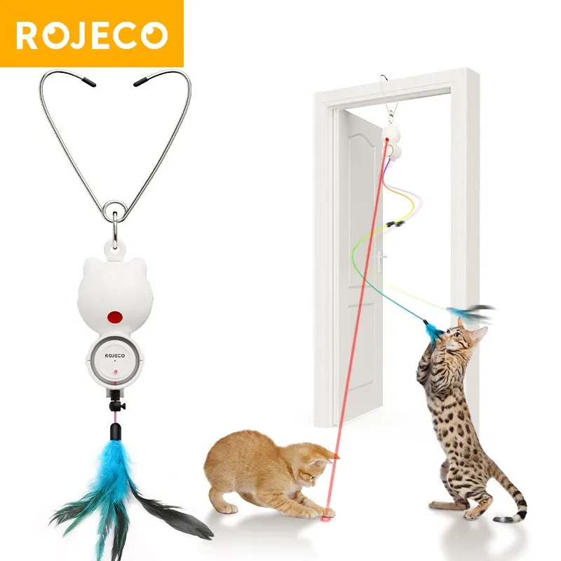 ROJECO door-hanging automatic cat toy with a dangling feather teaser and red laser, hung on a door frame