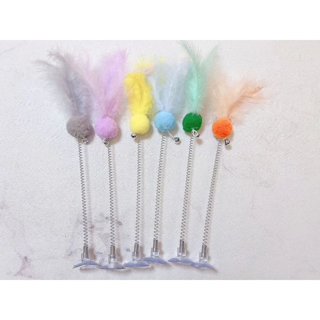ROJECO spring feather cat toys in six colors, each with a suction cup base, pom-pom, bell, and feather