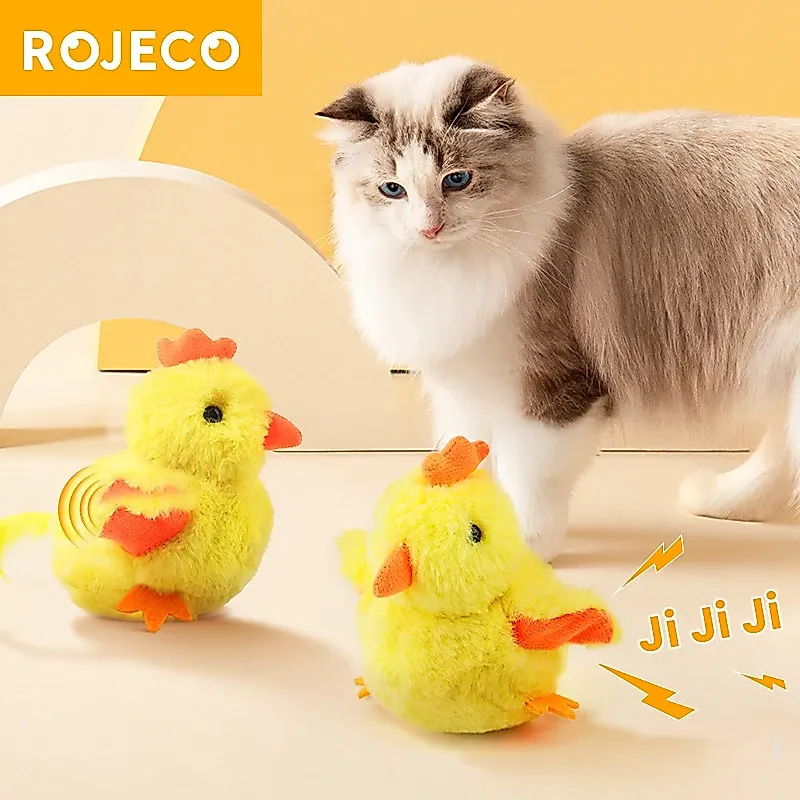 ROJECO yellow flapping chick cat toy, a plush chick that chirps and flaps, watched by a Ragdoll cat