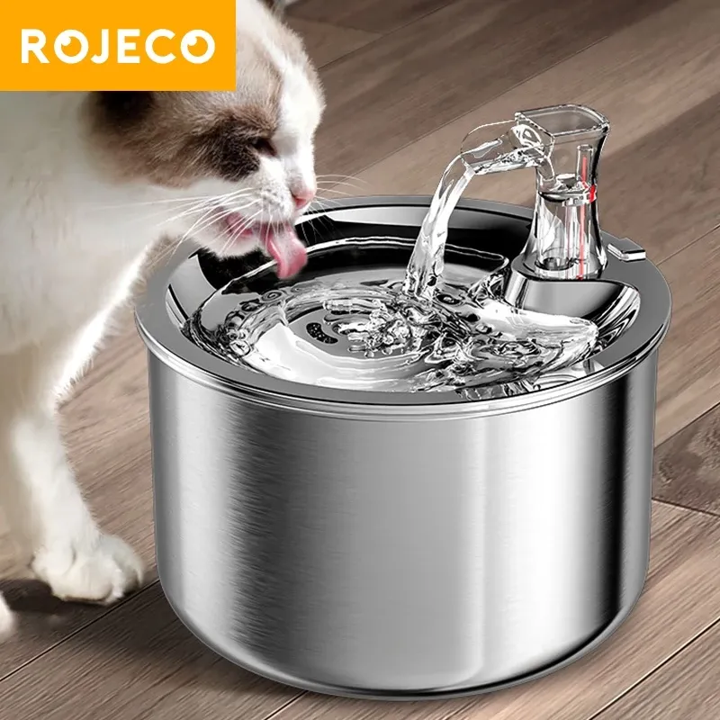 Rojeco stainless steel sensor cat water fountain with motion-triggered spout, front view