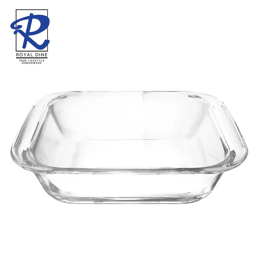 Royal Dine Atlanta clear square 0.9-litre glass baking dish, oven safe, angled view