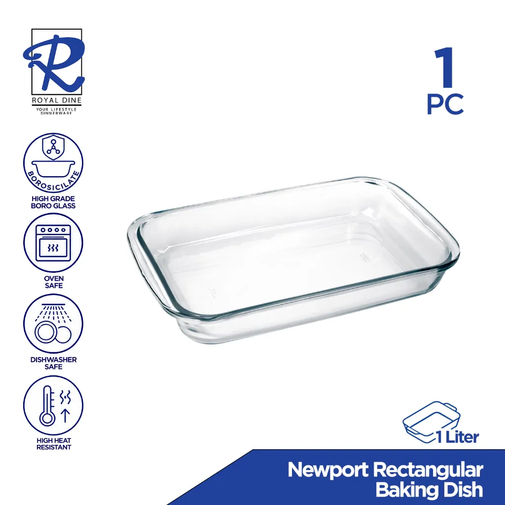 Royal Dine Newport CROY313 clear rectangular 1-litre glass baking dish, angled view