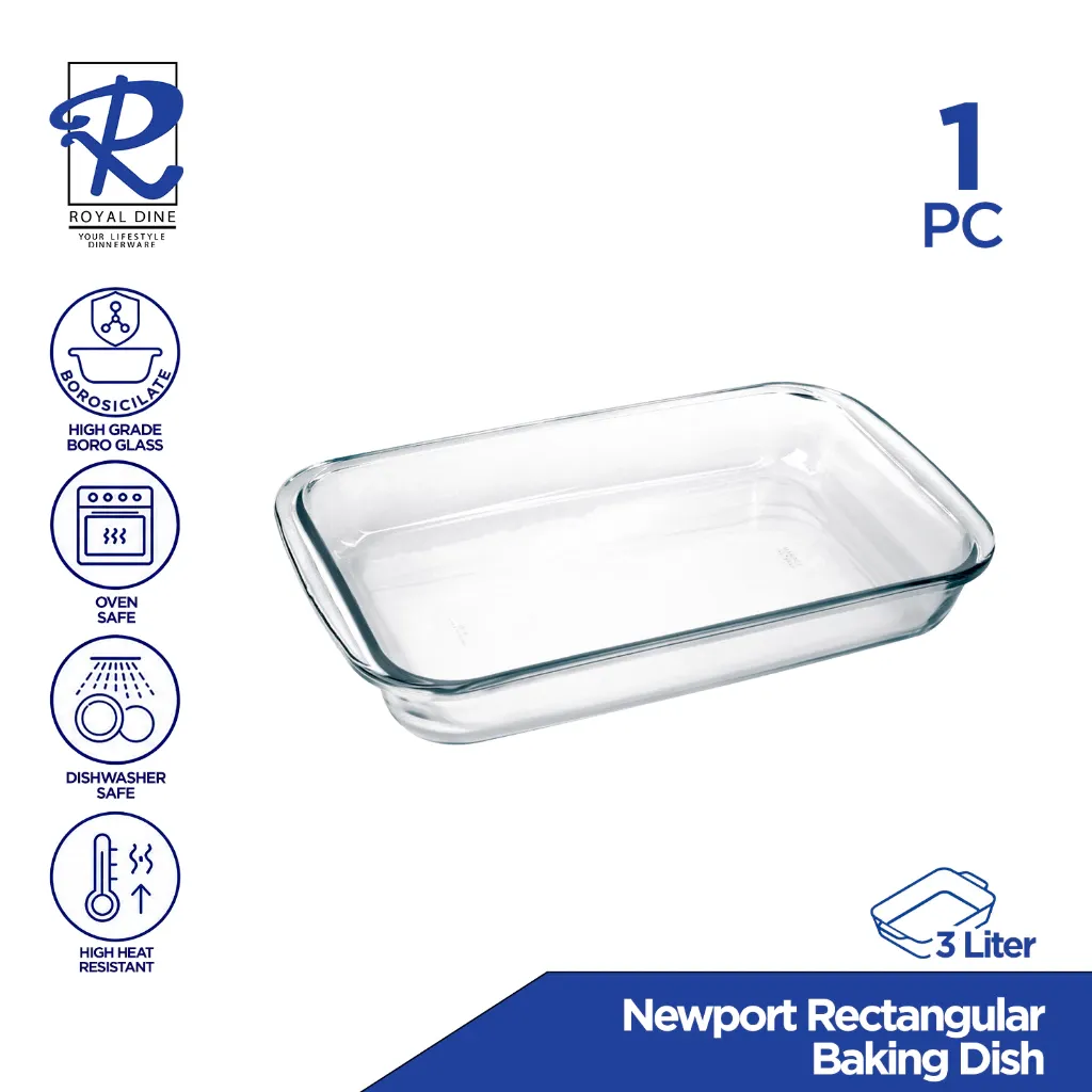 Royal Dine Newport CROY316 clear rectangular 3-litre glass baking dish with handles, angled view