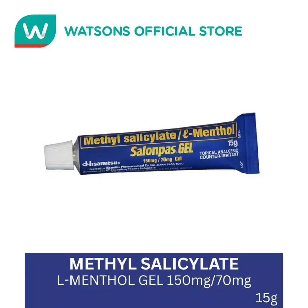 Salonpas Gel 15g tube with methyl salicylate and L-menthol, blue and white packaging