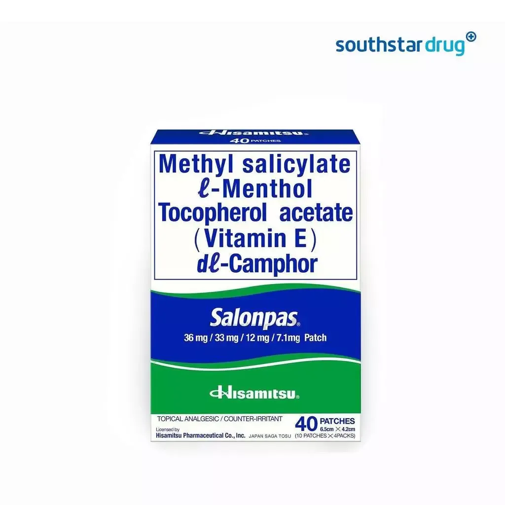 Salonpas Medicated Patch 40-patch pack, a blue and white box of small medicated pain relief patches, front view
