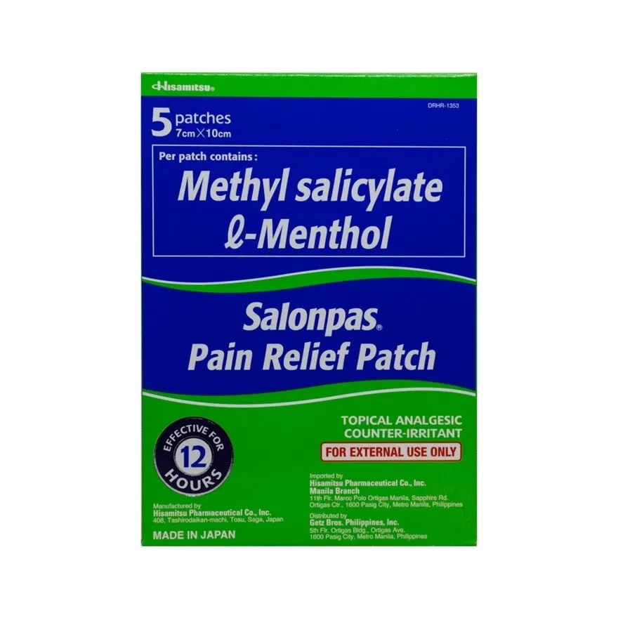Salonpas Pain Relief Patch 5-patch pack, a large 7cm by 10cm medicated patch box in blue and white, front view