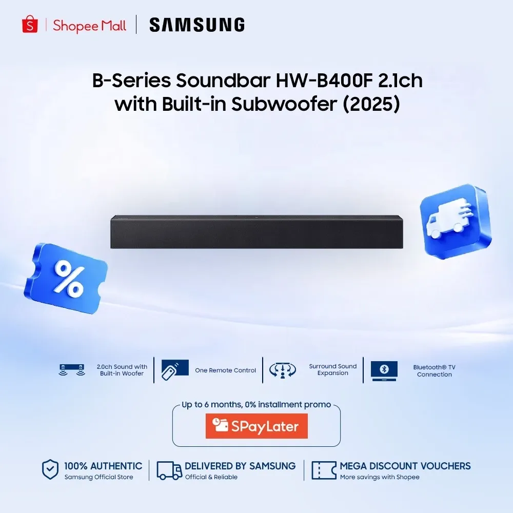 Samsung HW-B400F B-Series soundbar in black with subwoofer