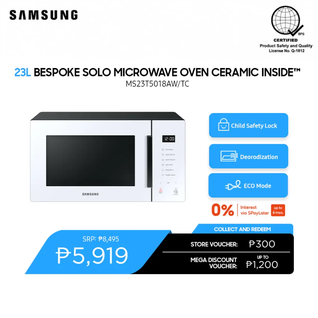 Samsung MS23T5018AW 23L Bespoke digital microwave oven in white, front view