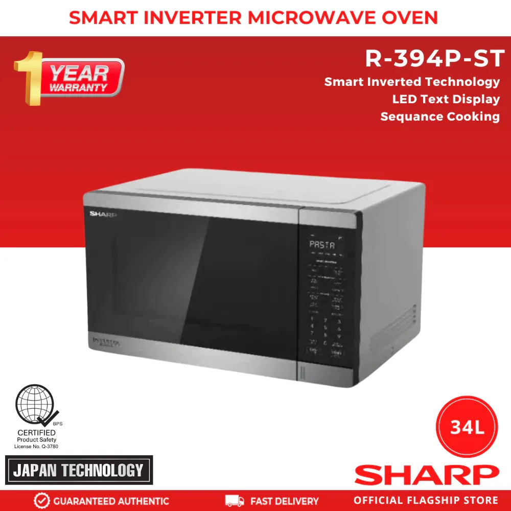 Sharp R-394P-ST 34L smart inverter microwave oven in stainless steel