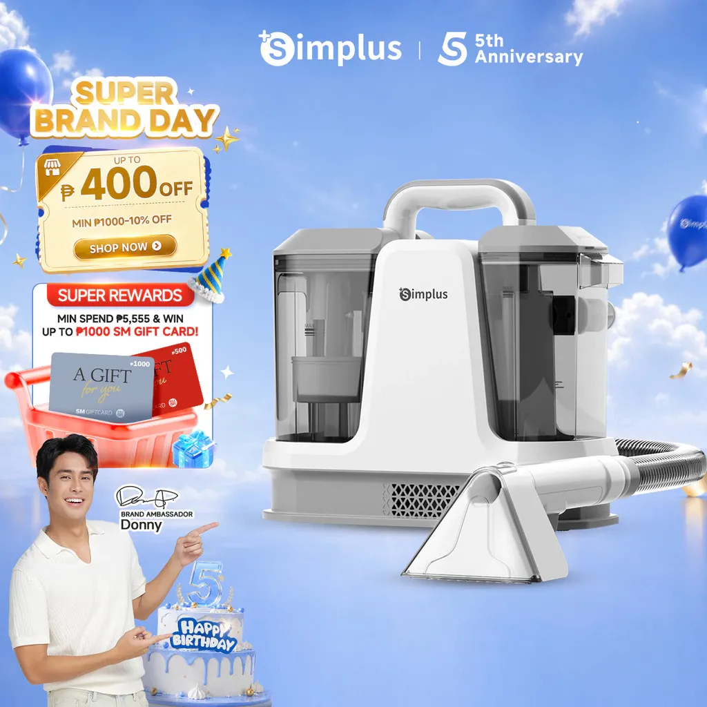 Simplus 100°C wet and dry fabric spot cleaner in white with clear tanks, front view
