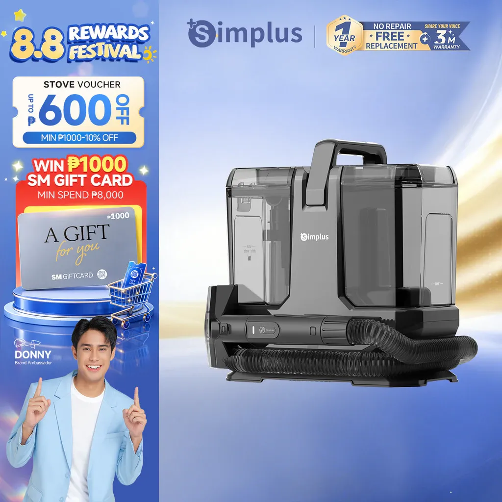 Simplus 110°C wet and dry steam spot cleaner in dark grey with coiled hose, side view