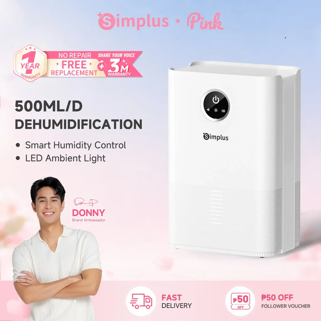 Simplus Pink 1L dehumidifier, small white unit with round touch control panel, front view
